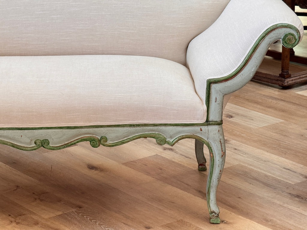 Charming 18th-19th Century Venetian Louis XV Carved Painted Upholstered Canape