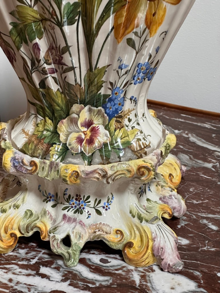 19th Century Hand-Painted Italian Faience Vase &amp; Stand
