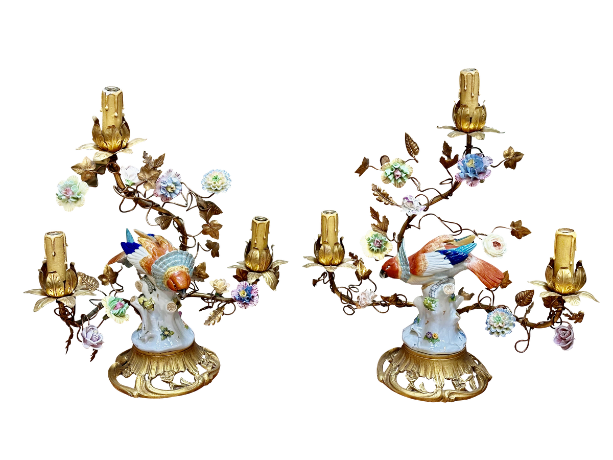 Pair of Volkstedt parrots mounted on French gilt table lamp, c. 1900