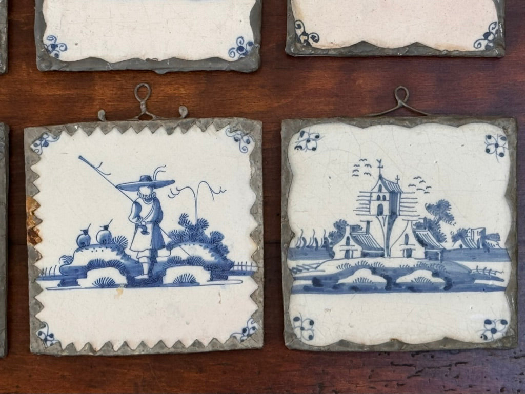Set of Eight Dutch delft tiles, 18th century, Mounted for Hanging