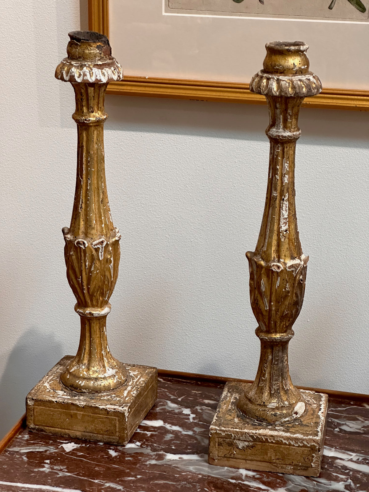 Rare set of Six Italian Carved Giltwood Candlesticks, 18th Century