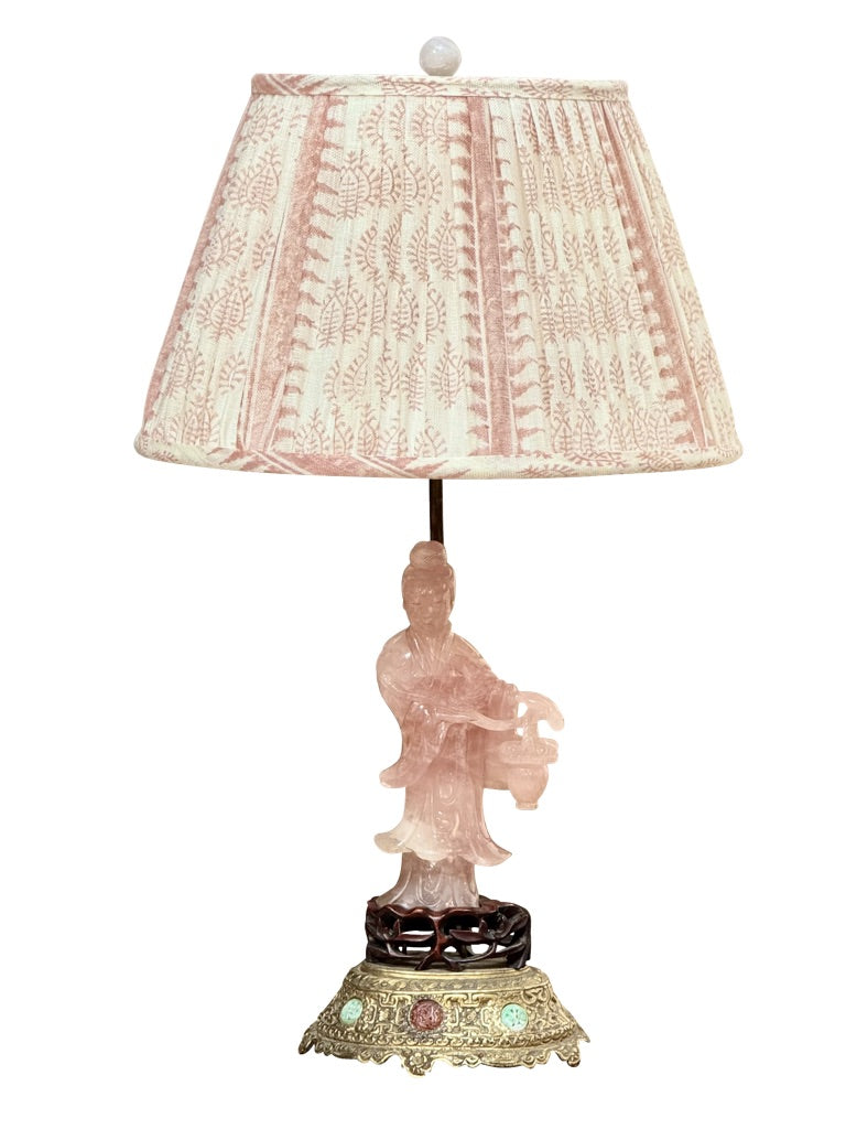 19th Century Rose Quartz Carved Figure Lamp with Jeweled Base