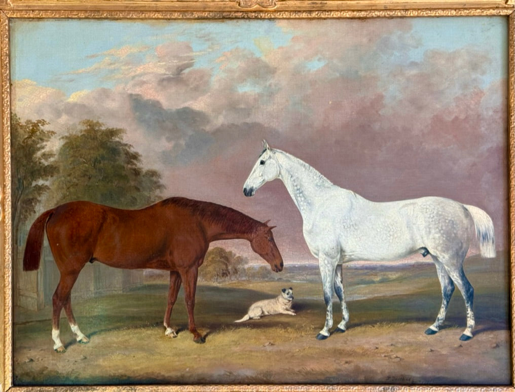 Painting of Two Horses with Dog in Landscape, British, 1863, Bretland