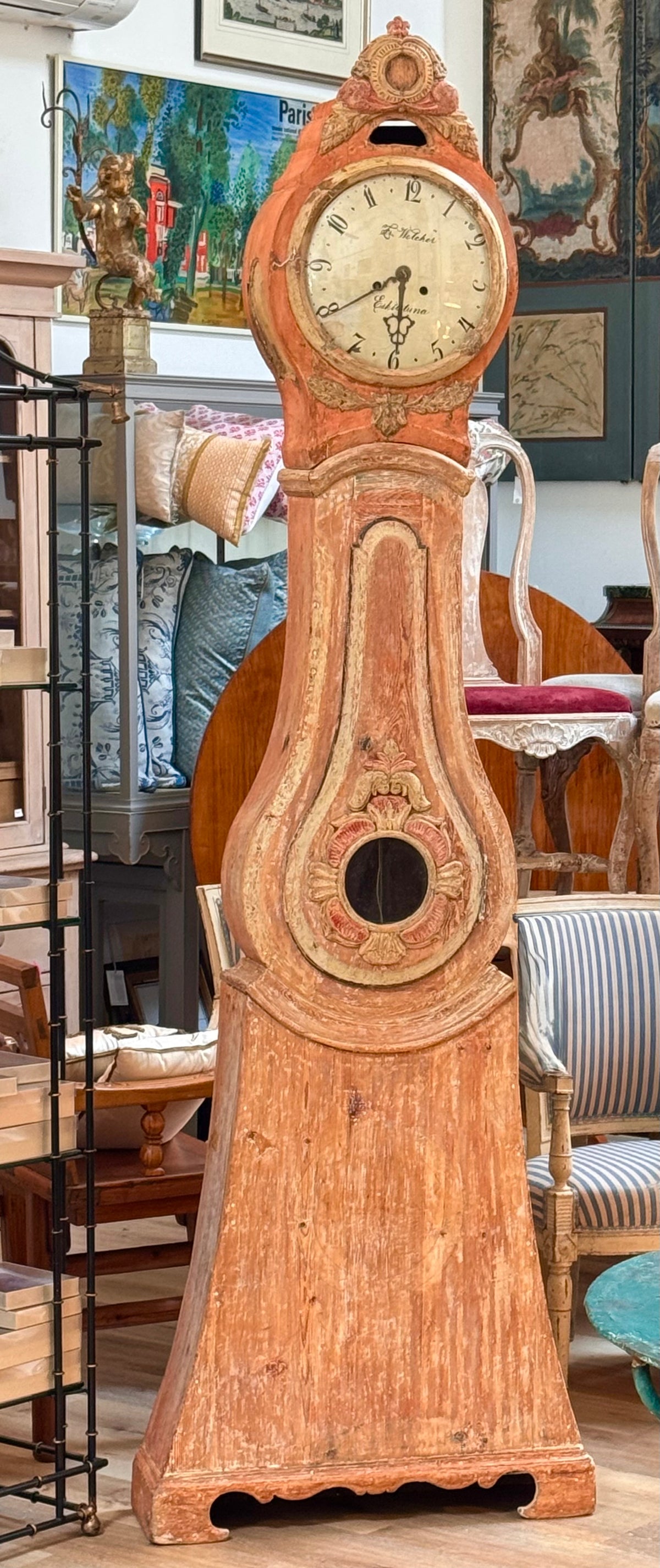 Swedish Mora clock have carving and elegant lyre-form case