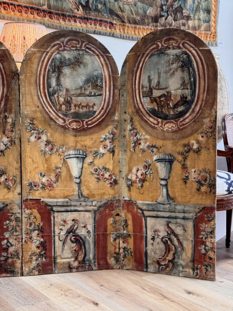 French Provincial Hand Painted Folding Screen, 18th Century