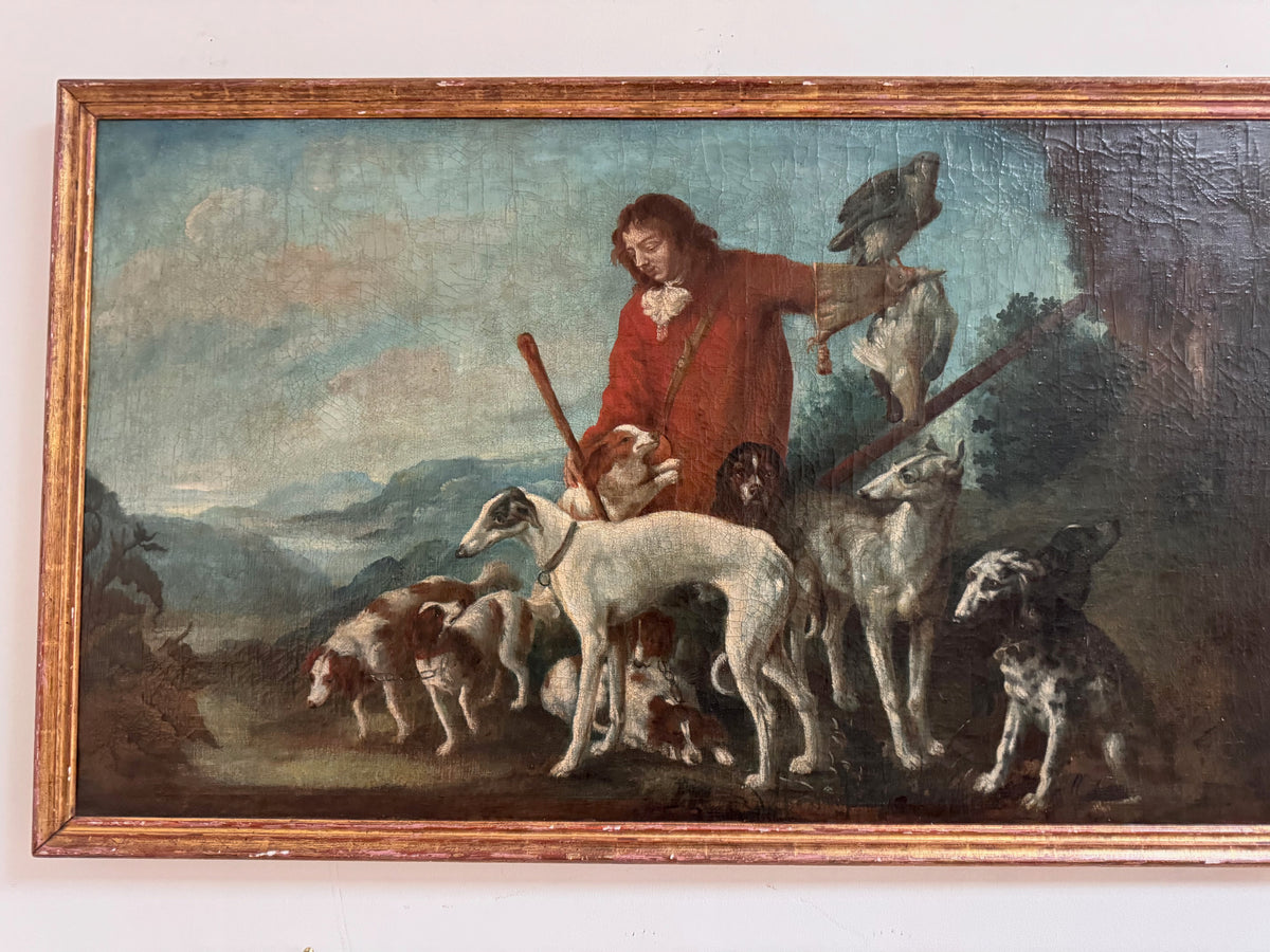 Dogs and Falconer, Flemish School, 17th Century Oil Painting