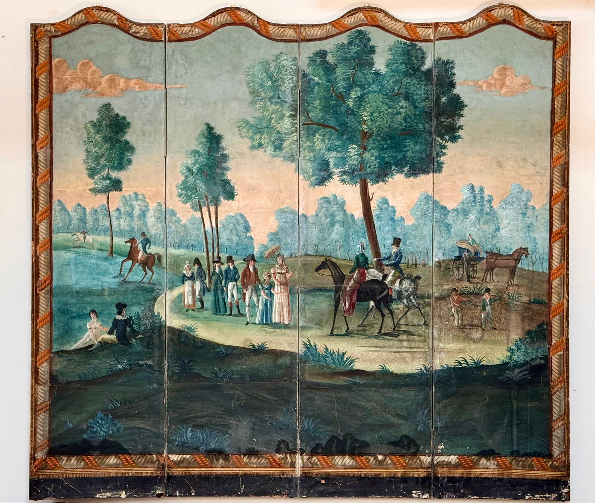 18th Century French Painted Wallpaper Four-Panel Floor Screen