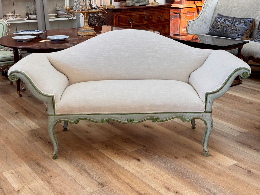 Charming 18th-19th Century Venetian Louis XV Carved Painted Upholstered Canape
