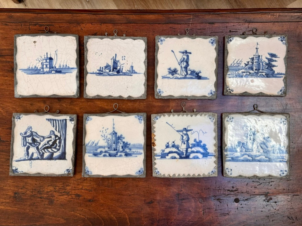 Set of Eight Dutch delft tiles, 18th century, Mounted for Hanging