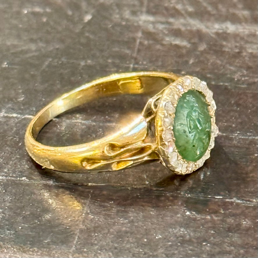 Georgian chalcedony intaglio and 18 k gold diamond ring