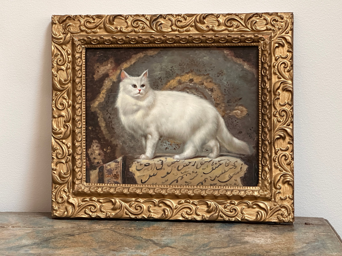 Oil on Board Depicting a White Cat