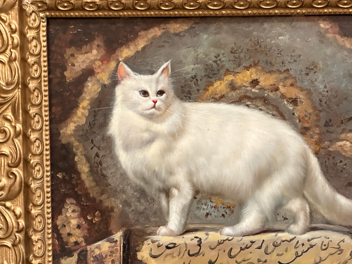 Oil on Board Depicting a White Cat
