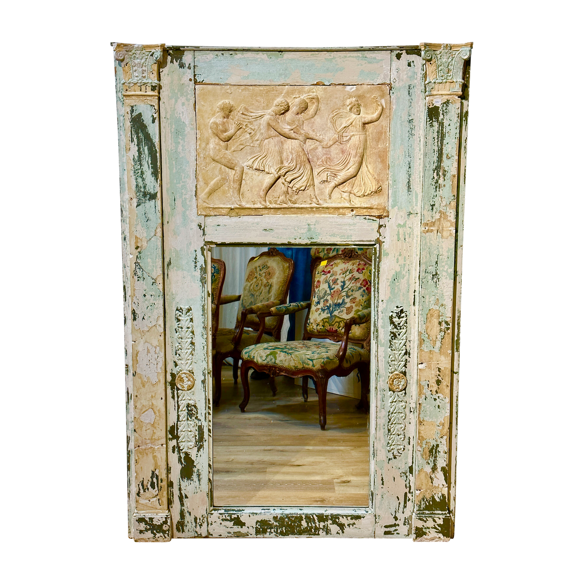 Large Neoclassical French Painted Trumeau Mirror, Polychrome, 19th Century