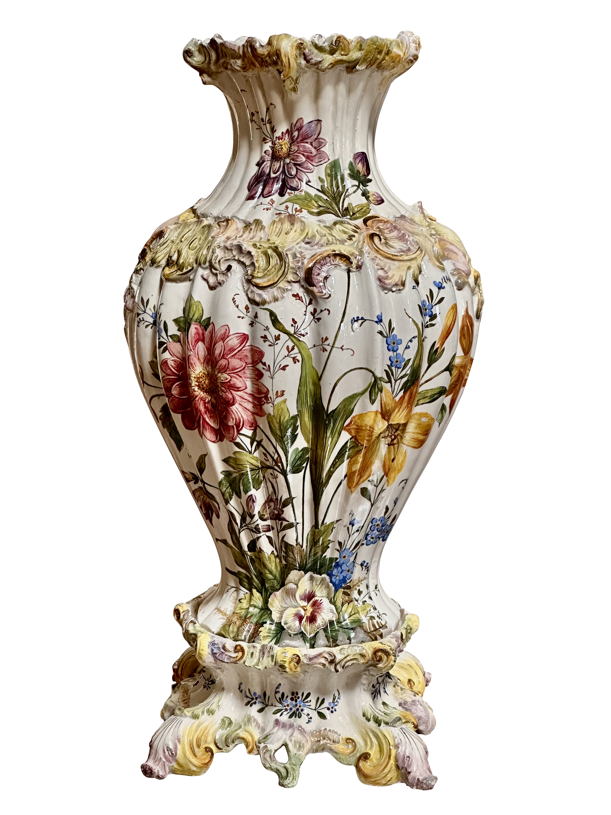 19th Century Hand-Painted Italian Faience Vase & Stand