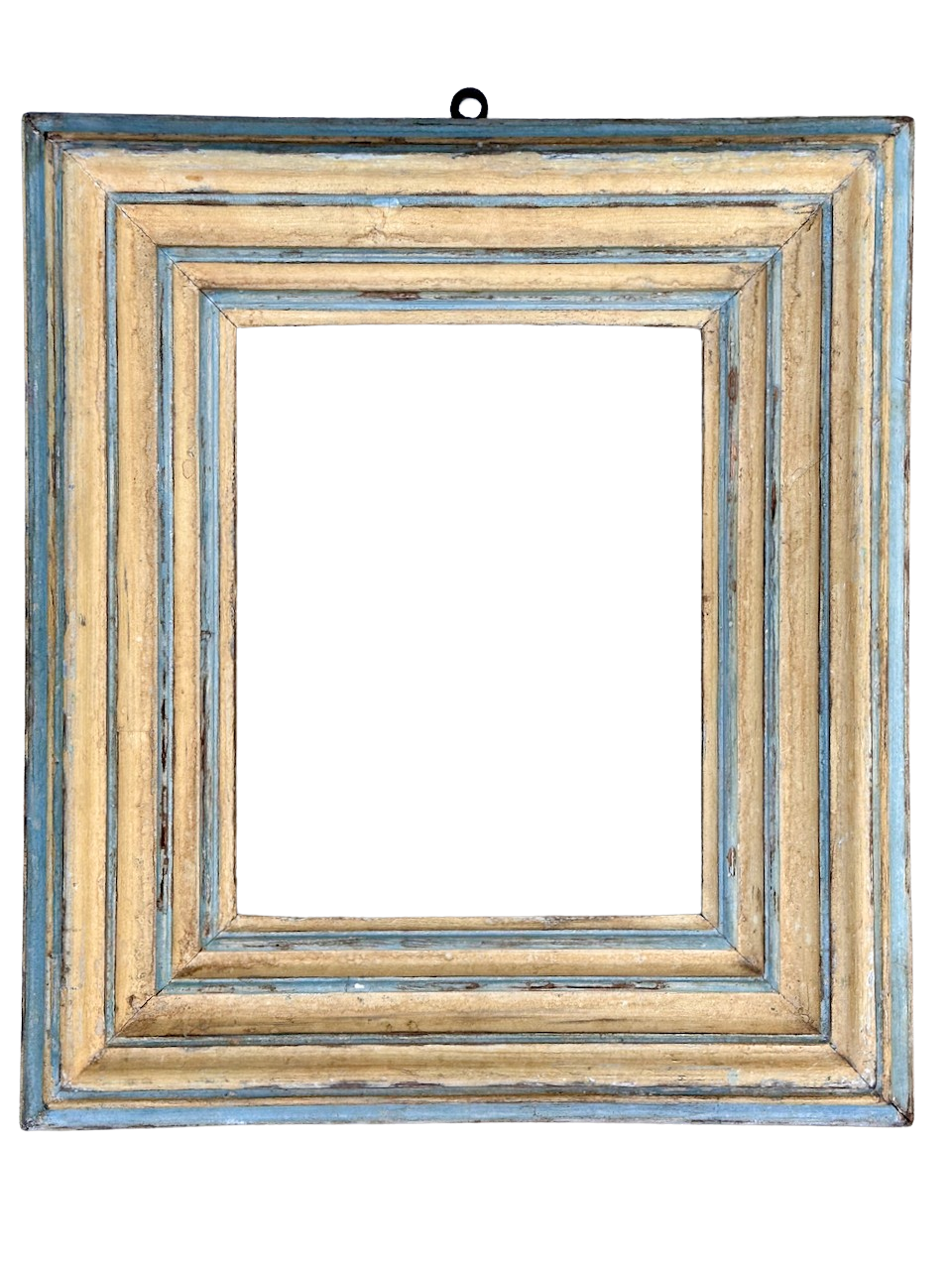 Italian 18th Century carved, stepped frame having original pale blue and yellow polychrome