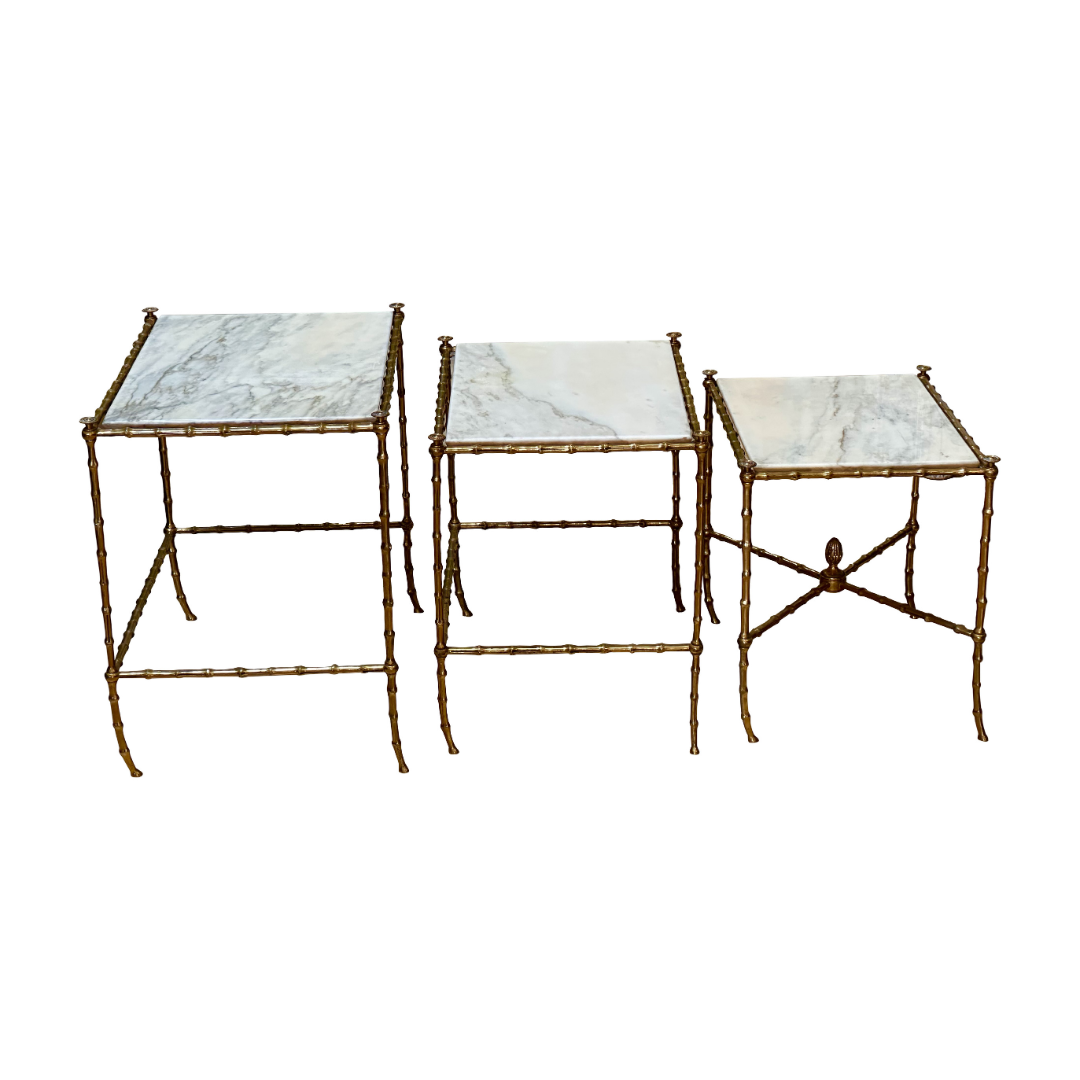 Set of Three French Mid-Century Faux-Bamboo Nesting Tables, gilt and marble