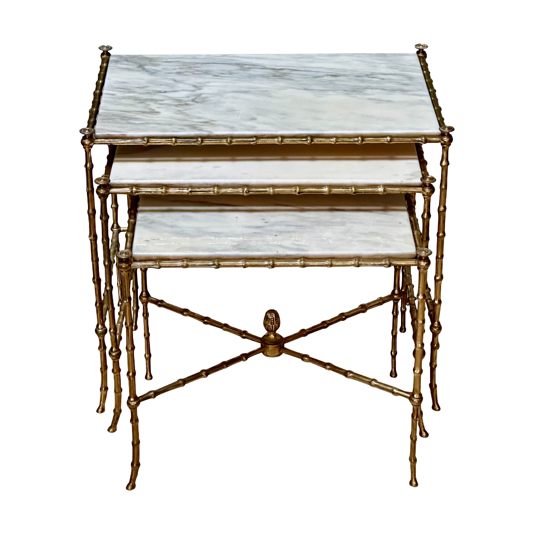 Set of Three French Mid-Century Faux-Bamboo Nesting Tables, gilt and marble