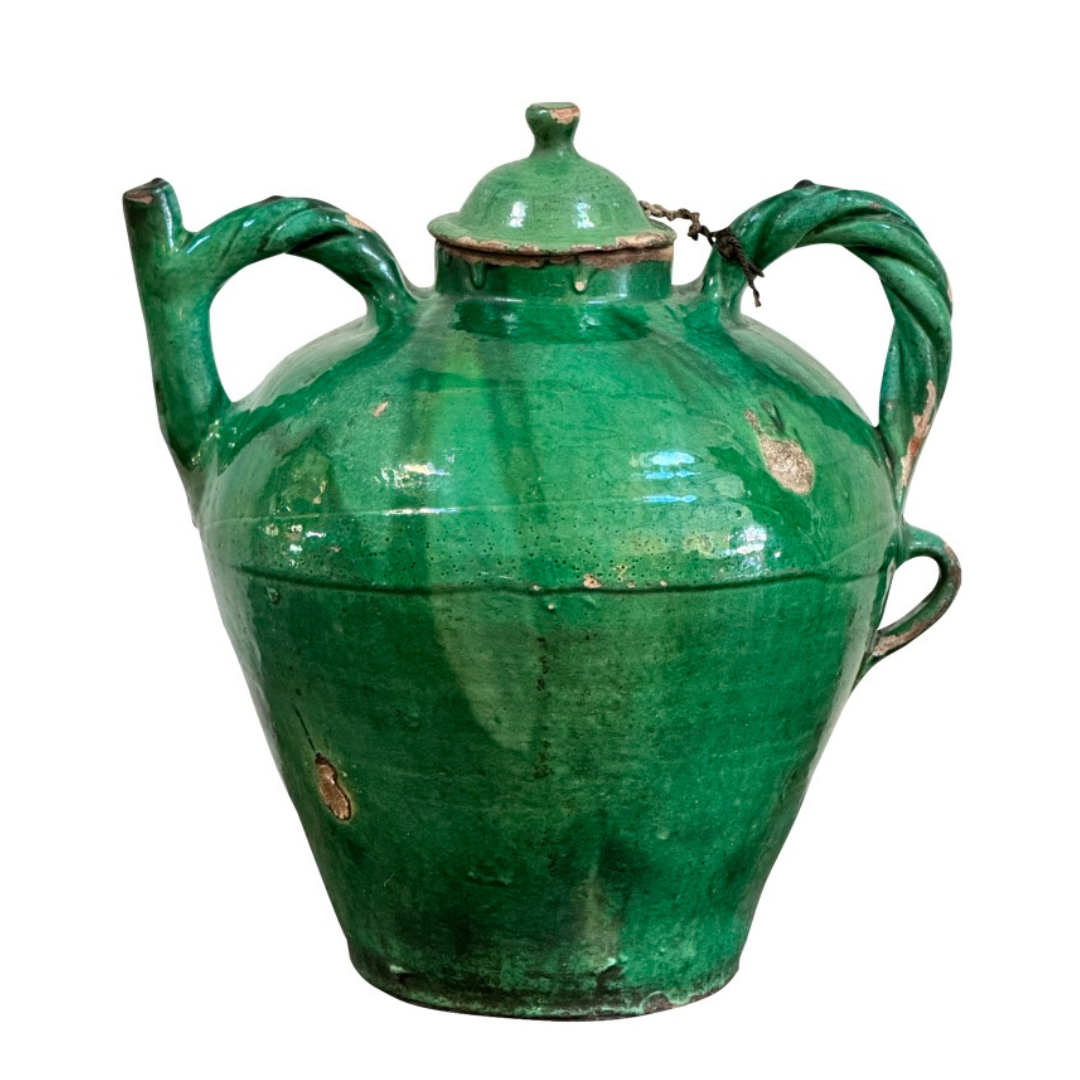 Large 19th Century French Provincial Green Pitcher with Lid