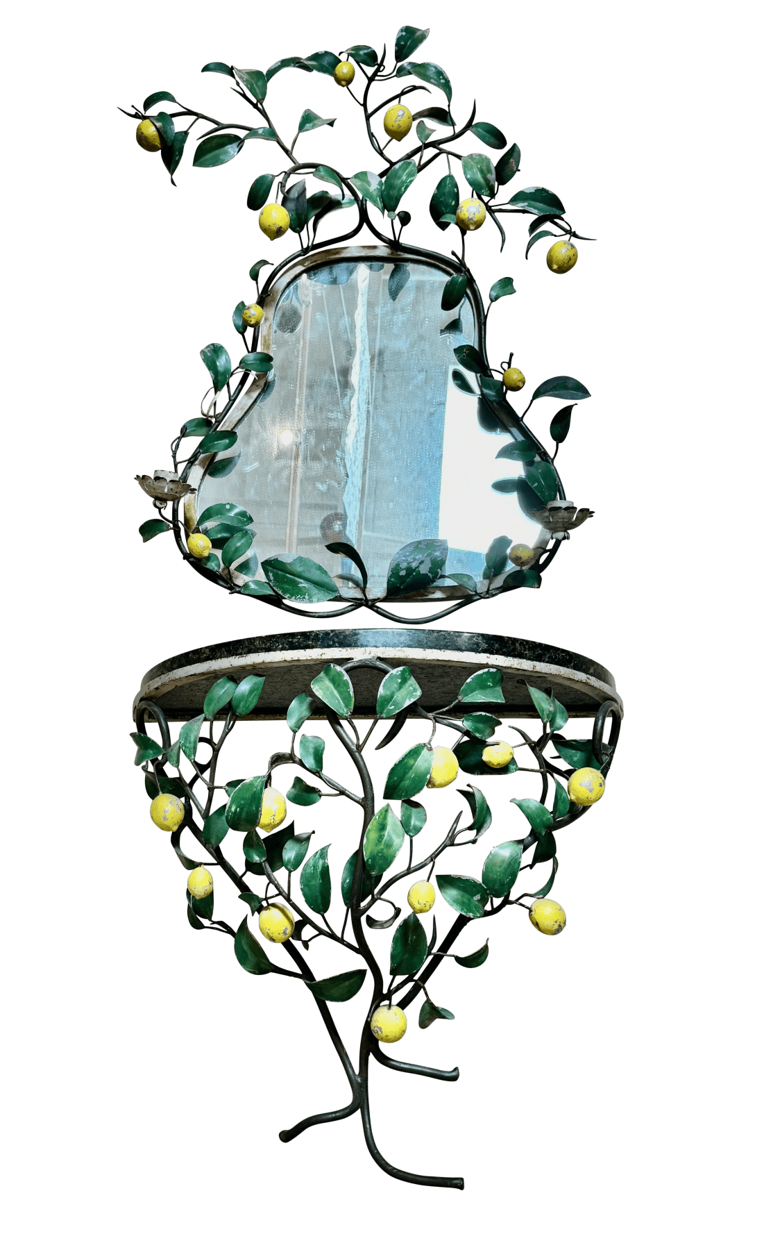 A Mid-century Tole Lemon Tree tole console with Lemon-surround mirror