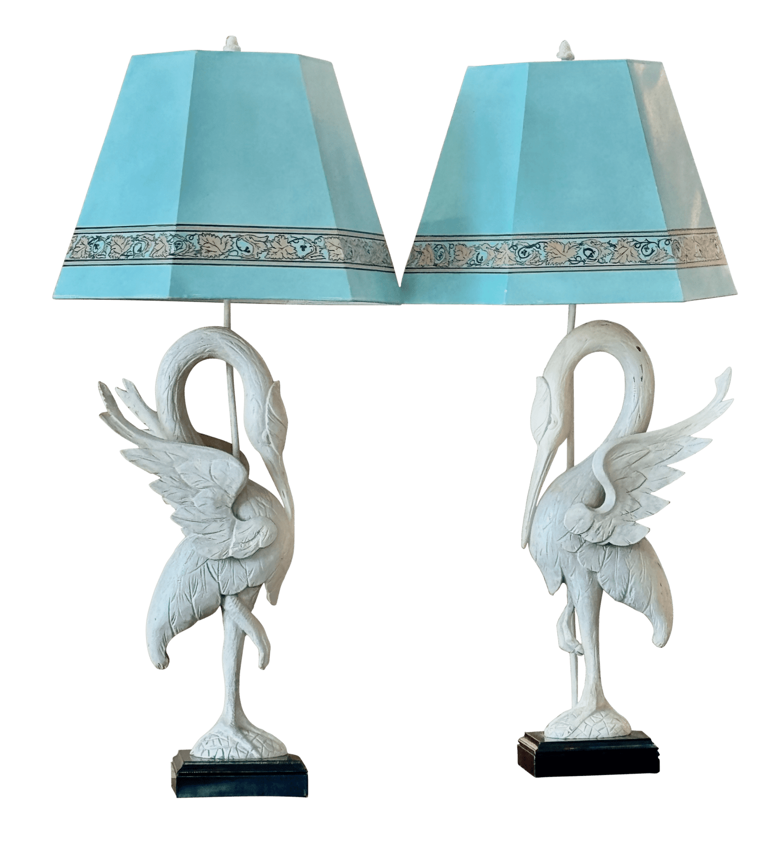 A Pair of White-Painted Carved Egret Lamps Mid-Century