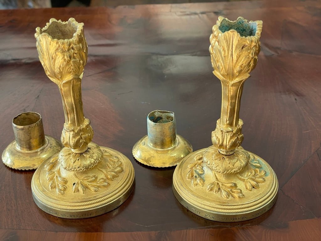 A rare pair of Louis XV gilt bronze candlesticks signed P. Gouthiere - Helen Storey Antiques