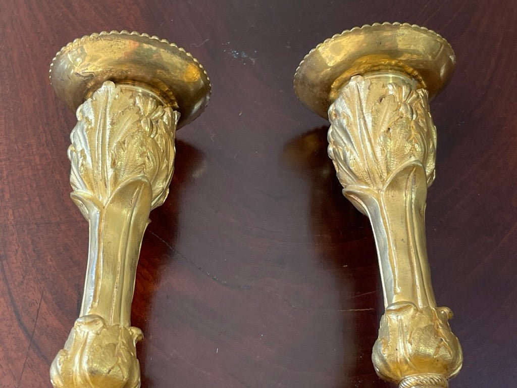 A rare pair of Louis XV gilt bronze candlesticks signed P. Gouthiere - Helen Storey Antiques