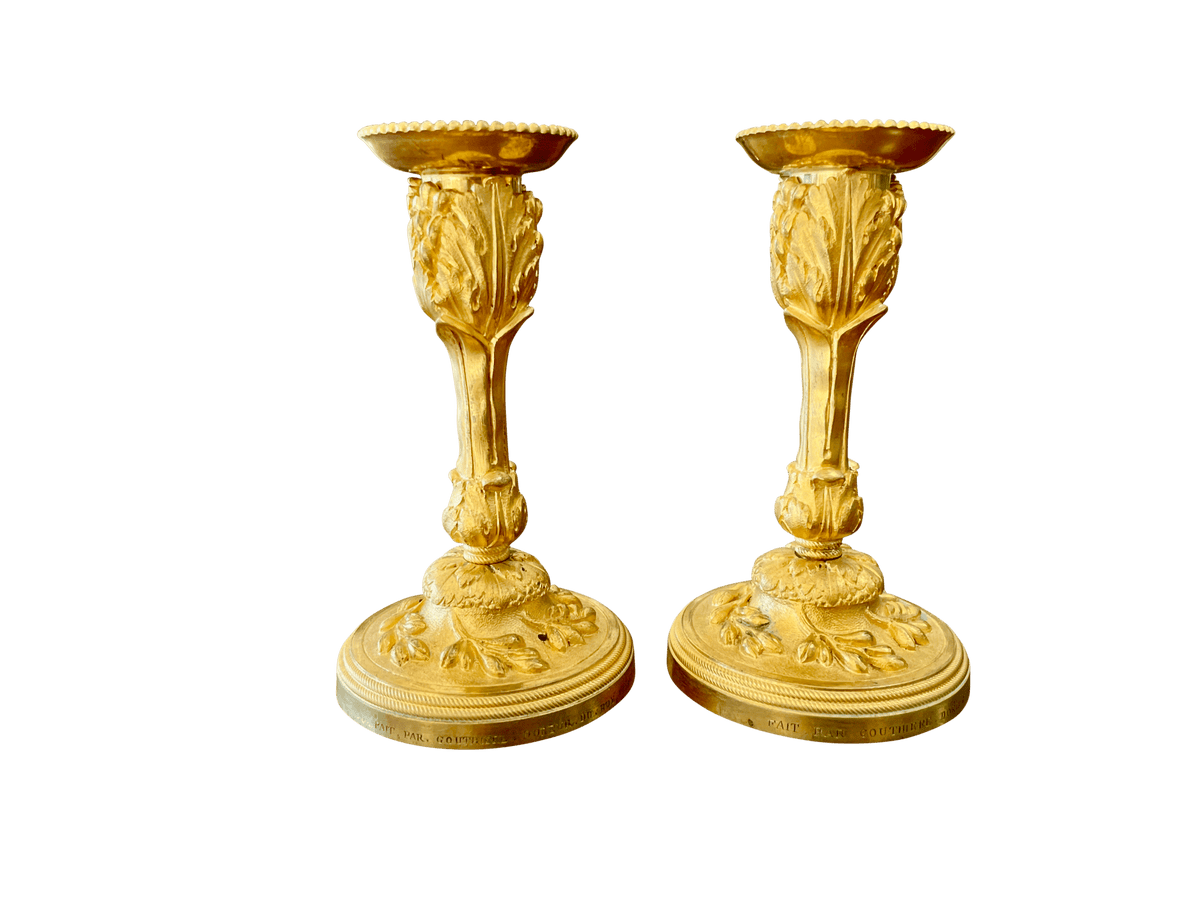 A rare pair of Louis XV gilt bronze candlesticks signed P. Gouthiere - Helen Storey Antiques