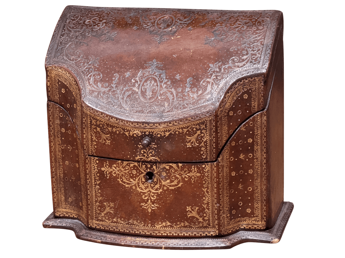 Antique English Embossed Leather Stationary Letter Box. C. 1900 - Helen Storey Antiques