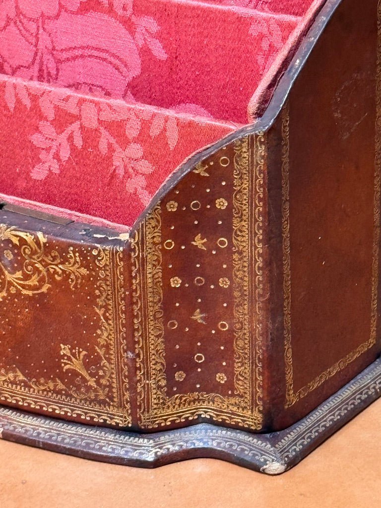 Antique English Embossed Leather Stationary Letter Box. C. 1900 - Helen Storey Antiques