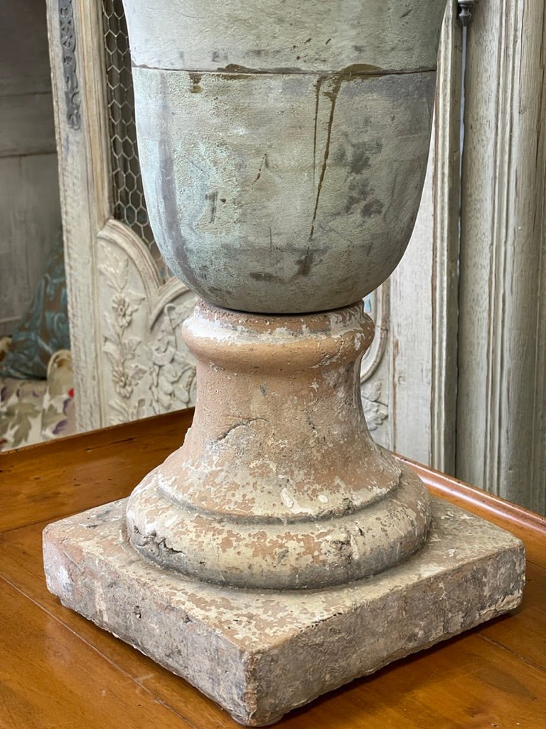 Antique Zinc Urn on Stone base - Helen Storey Antiques