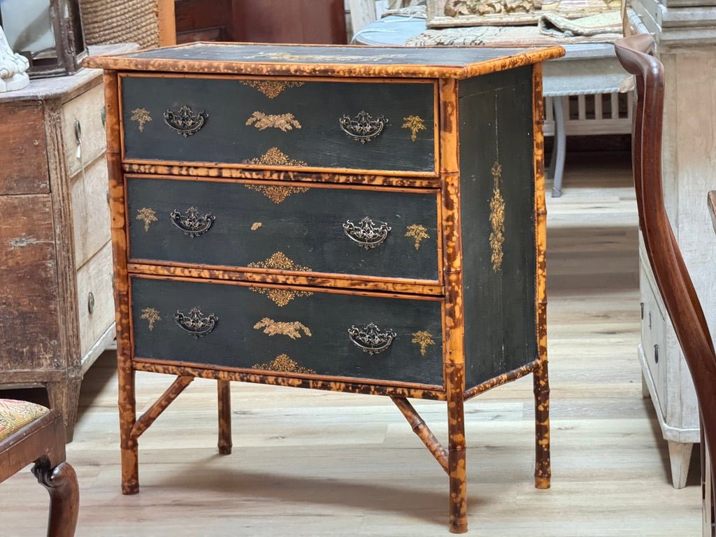 Bamboo and Chinoiserie Lacquer chest of drawers, 19th Century English - Helen Storey Antiques