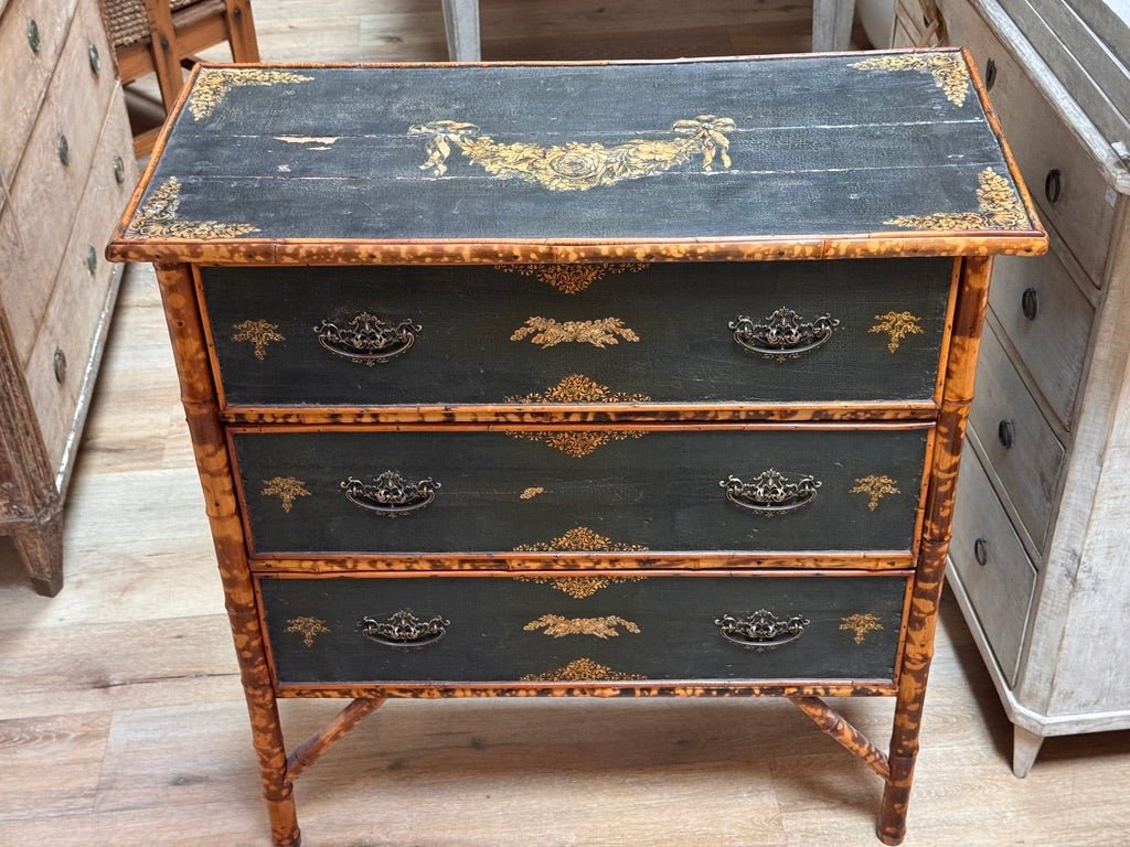 Bamboo and Chinoiserie Lacquer chest of drawers, 19th Century English - Helen Storey Antiques
