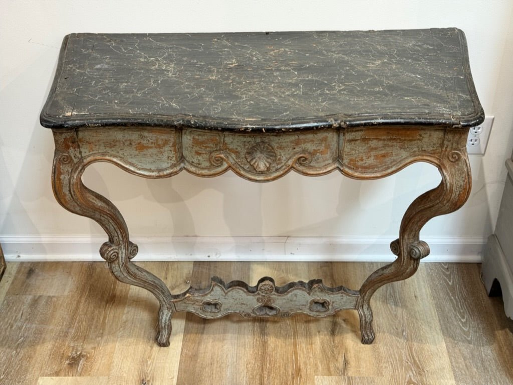 Carved and painted French or Italian Console table with faux marble top - Helen Storey Antiques