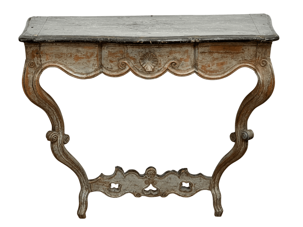 Carved and painted French or Italian Console table with faux marble top - Helen Storey Antiques