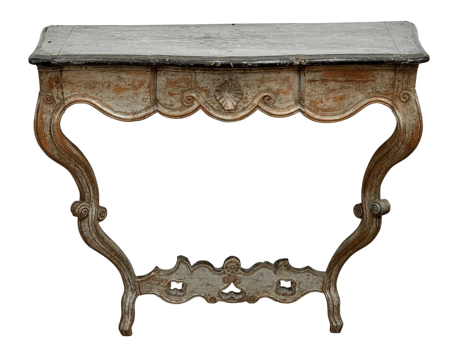 Carved and painted French or Italian Console table with faux marble top