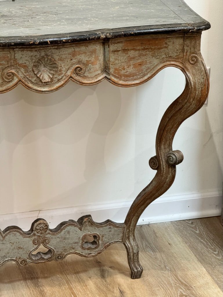 Carved and painted French or Italian Console table with faux marble top - Helen Storey Antiques