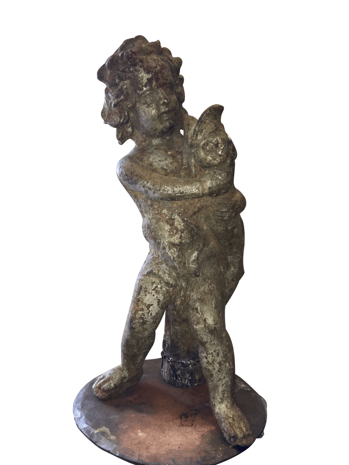 Cast Iron Putti with Dolphin Fountain - Sculpture - Helen Storey Antiques