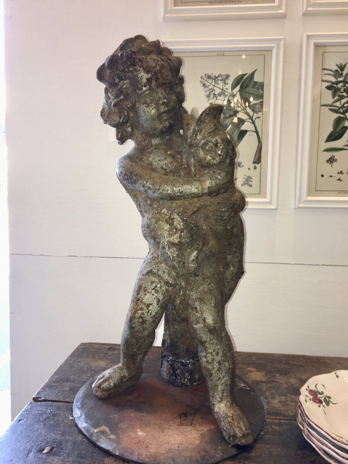 Cast Iron Putti with Dolphin Fountain - Sculpture - Helen Storey Antiques