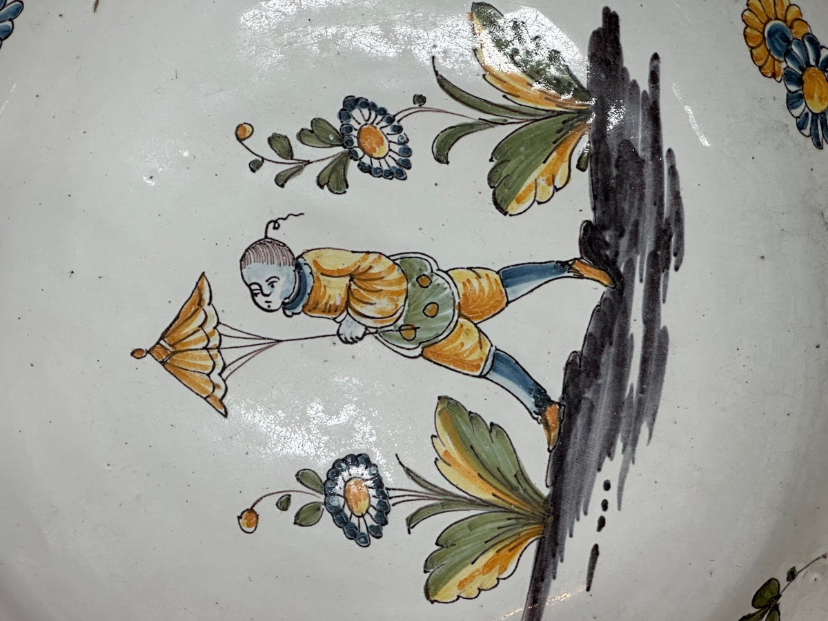 Charming French Faience Serving Bowl with Chinoiserie Figure - Helen Storey Antiques