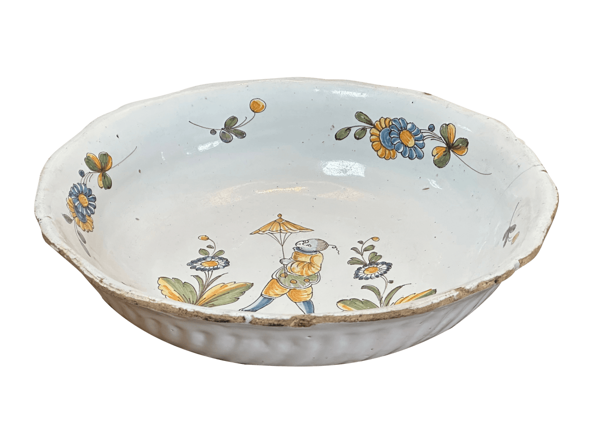 Charming French Faience Serving Bowl with Chinoiserie Figure - Helen Storey Antiques