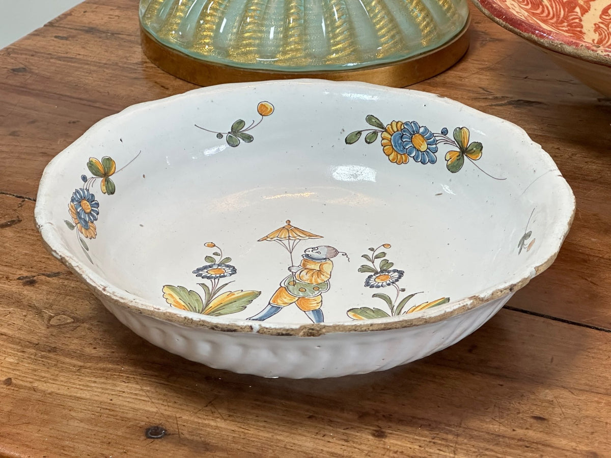 Charming French Faience Serving Bowl with Chinoiserie Figure - Helen Storey Antiques