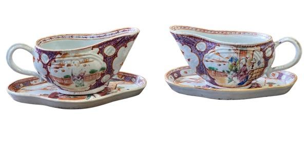 CHINESE EXPORT ROSE MANDARINE PORCELAIN GRAVY BOAT AND UNDERPLATE - Helen Storey Antiques