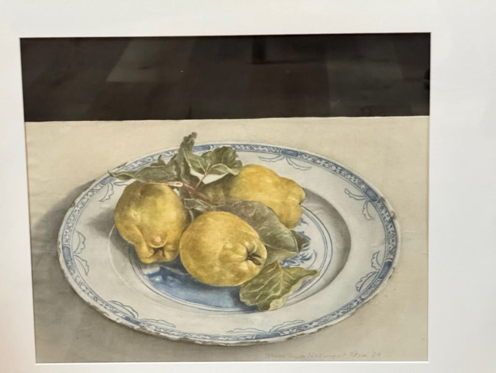 Contemporary still life watercolor, three Quinces on a Blue and White plate - Helen Storey Antiques