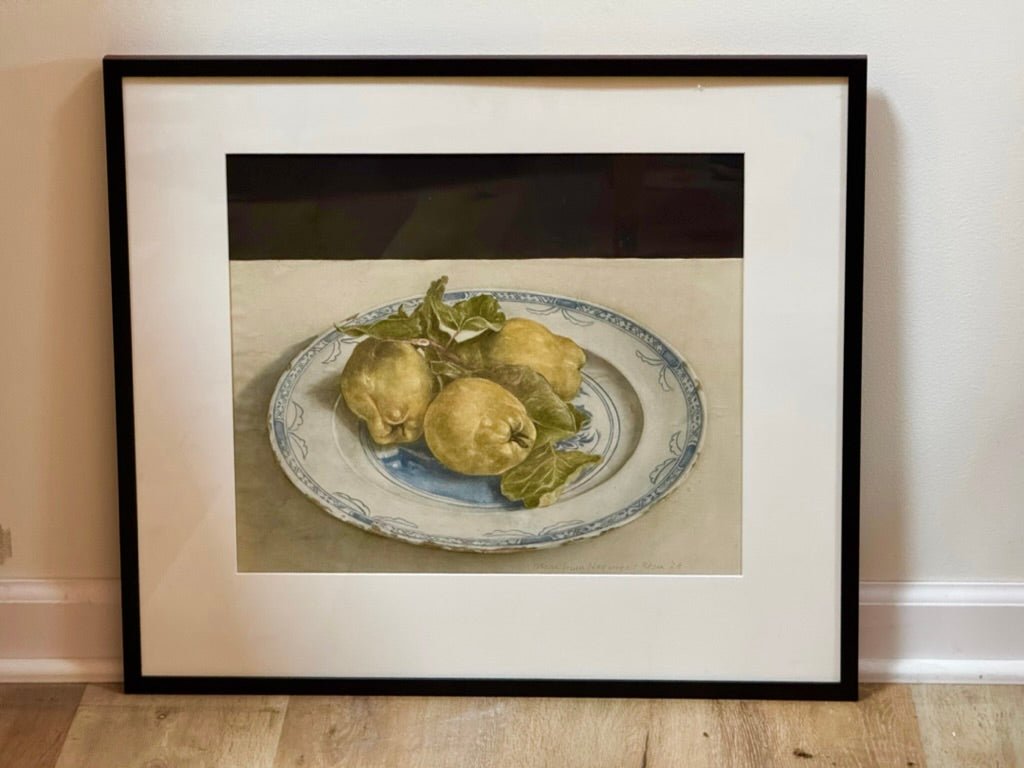 Contemporary still life watercolor, three Quinces on a Blue and White plate - Helen Storey Antiques