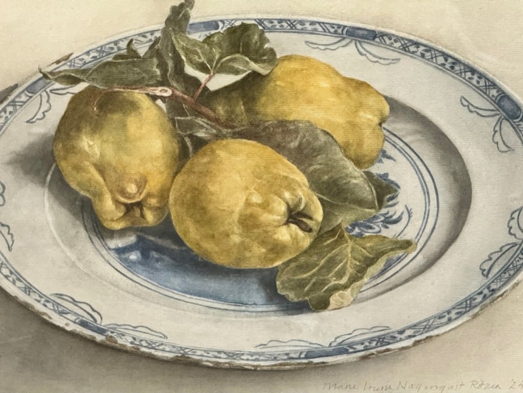 Contemporary still life watercolor, three Quinces on a Blue and White plate - Helen Storey Antiques