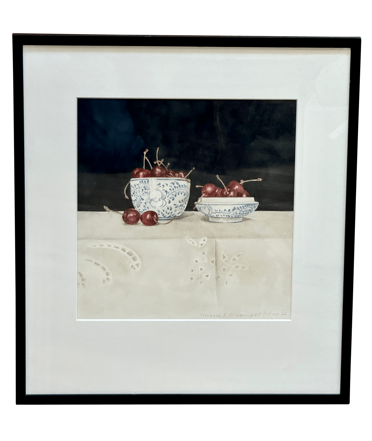 Contemporary Watercolor of Two Bowls of Cherries by Marie-Louise Magengast-Ritzen