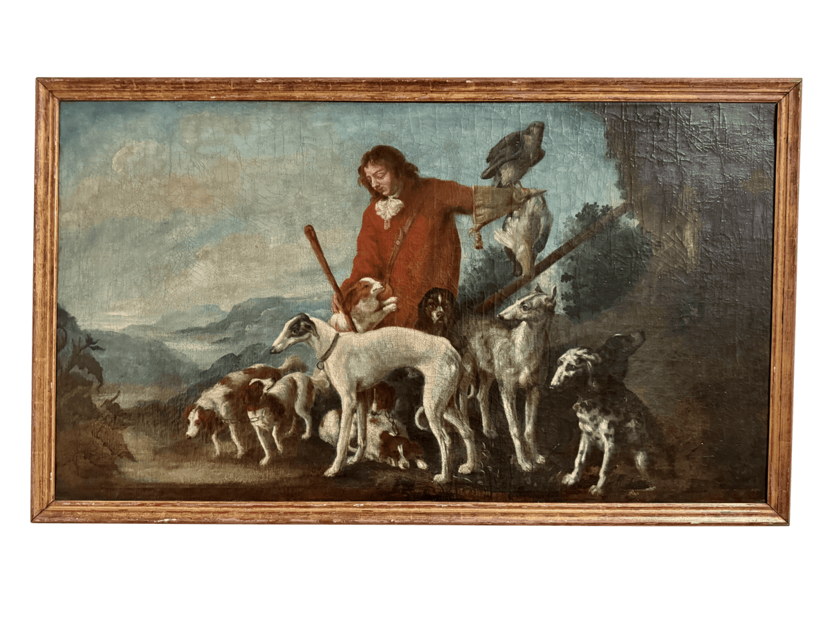 Dogs and Falconer, Flemish School, 17th Century Oil Painting - Helen Storey Antiques