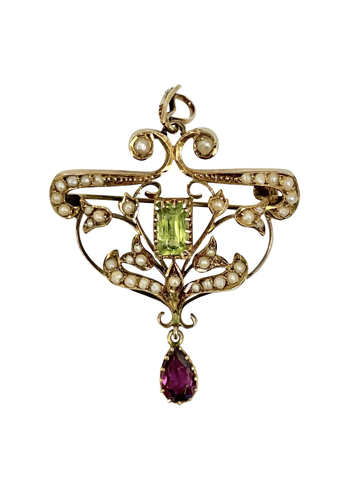 Edwardian Brooch with Peridot, Amethyst, & Seed Pearls