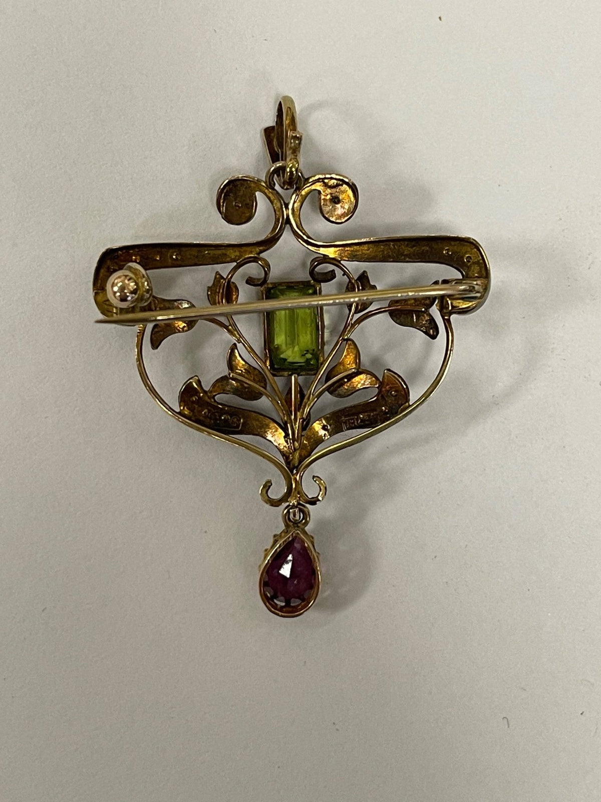 Edwardian Brooch with Peridot, Amethyst, &amp; Seed Pearls - Helen Storey Antiques