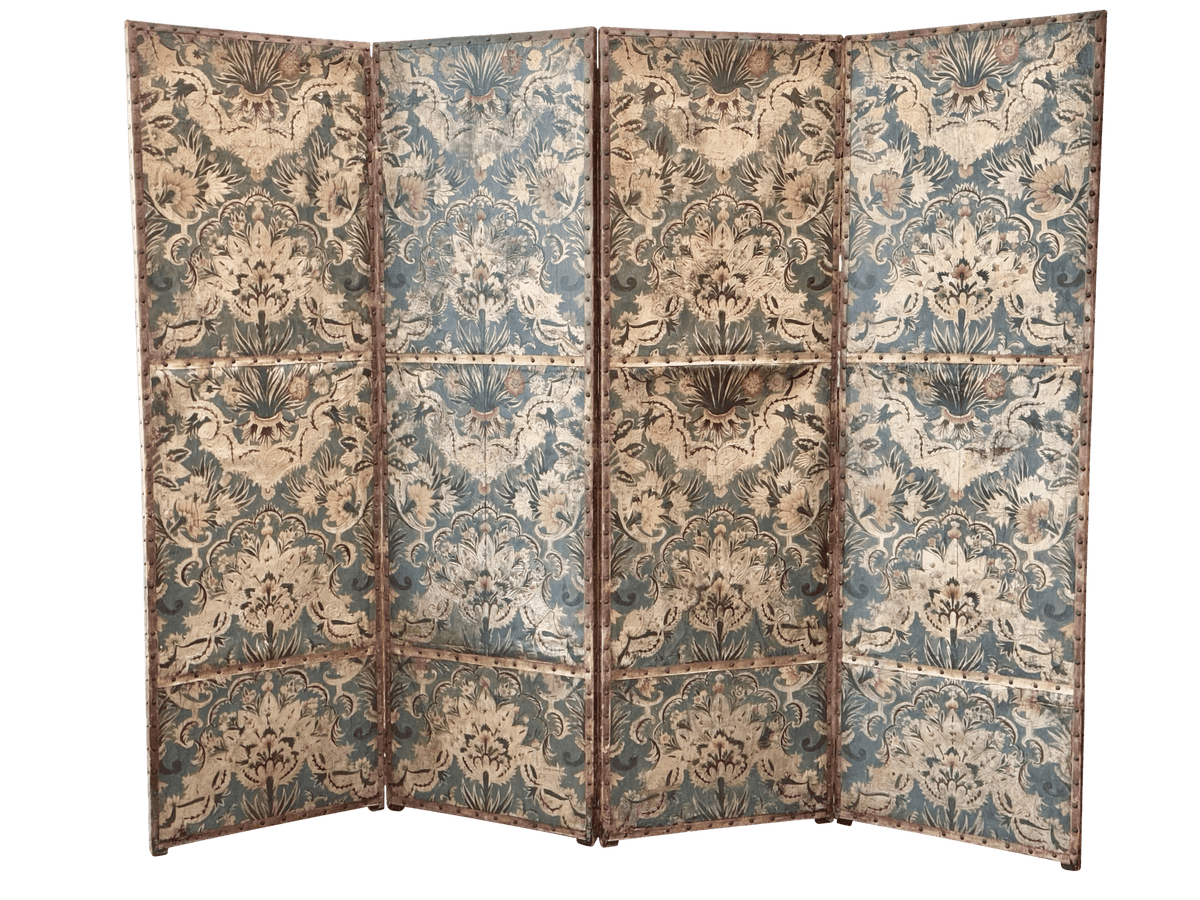 Embossed Leather 4 - Panel Screen, Pale Green and golds - 18th Century - Helen Storey Antiques